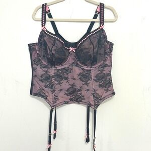 Cacique Black Lace & Pink Satin Bustier Corset 46D Angelcore Coquette Asthetic